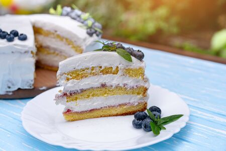 Appetizing cheesecake cake biscuit pillow decorated white cream blueberries and mint stands on wooden blue rustic table against background summer greens.の写真素材