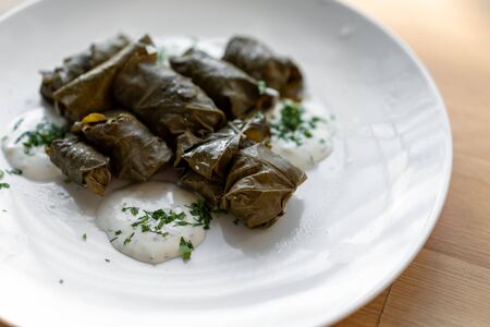 Traditional stuffed vine leaves on a large white plate with sauce. dolmaの写真素材