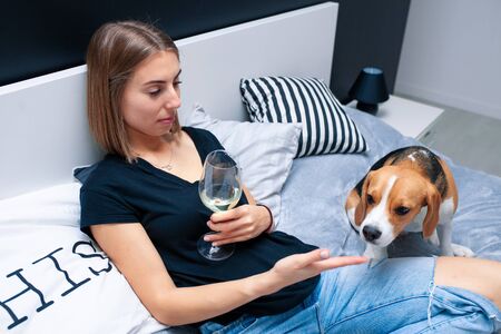 Young sad beautiful woman playing with dog sitting on bed in a stylish bedroom. Woman in one hand holding a glass of wine. depression boredom alcoholismの写真素材