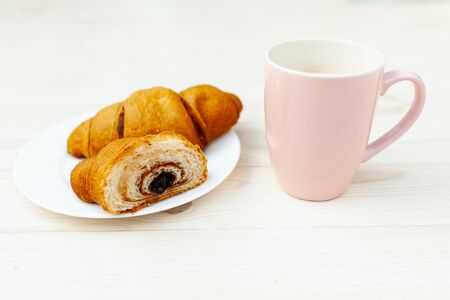 Croissant, great design for any purposes. Food, Bakery, Baking background. Delicious cake. French breakfast. Homemade Sweet dessert with chocolate fillingの写真素材
