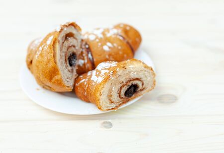 Croissant, great design for any purposes. Food, Bakery, Baking background. Delicious cake. French breakfast. Homemade Sweet dessert with chocolate fillingの写真素材