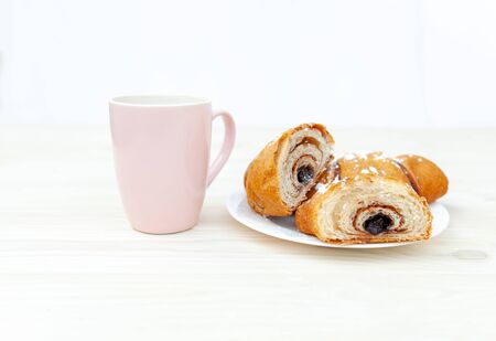 Croissant, great design for any purposes. Food, Bakery, Baking background. Delicious cake. French breakfast. Homemade Sweet dessert with chocolate fillingの写真素材