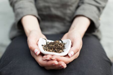 Dry tea leaves in a white saucer. Unrecognizable woman holding a bowl of tea in his hands showing it to the camera. Traditional ceremony backgroundの写真素材