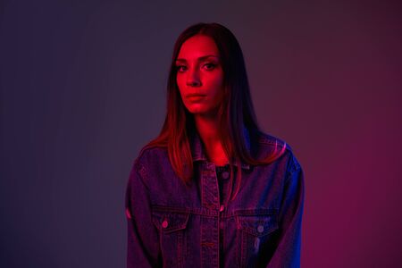 Close up portrait caucasian young girl dressed Denim jacket Studio Shot. with Beautiful elegant ...