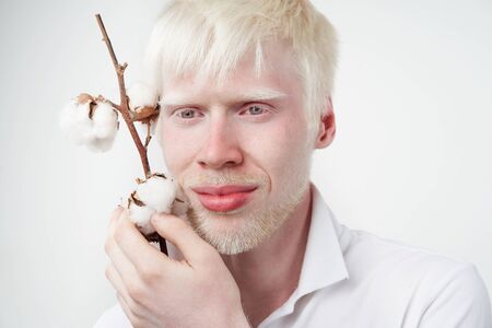 Happy smile albino man white skin hair soft fluffy cotton brunch studio dressed t-shirt isolated...