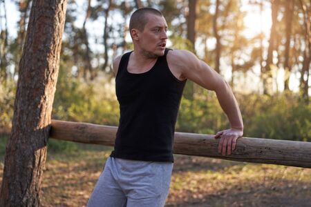 Handsome caucasian men push up outdoor workout cross training morning Pumping triceps arm exercising...