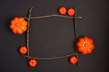 Halloween background, orange decorative plastic pumpkin black paper dry branch stick square frame black cardboard Thanksgiving greeting card patternの写真素材