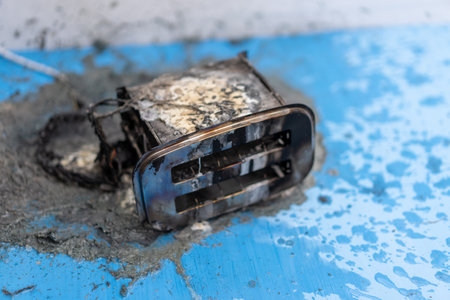 Toaster after fire. Household electrical appliance fire hazard. Overload. Short circuit. Carelessness. Safety in home. Danger home inflammation Insurance conceptの写真素材