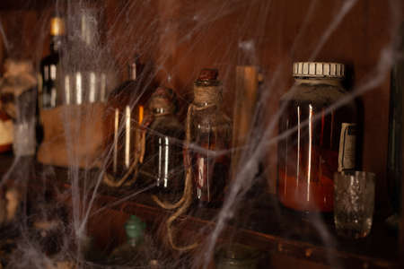 Halloween background Shelves with alchemy tools Skull spiderweb bottle with poison candles Witcher...