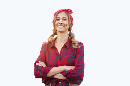 Woman dressed red plaid shirt background Caucasian middle age female business owner in uniform Happy...