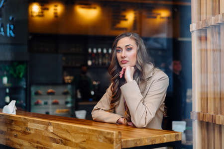 Business Woman Sitting Cafe Behind Window Waiting Business Partner Caucasian Female Resting Cafeteria Drink Late Coffeeの写真素材