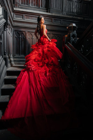 Woman Vintage Red Dress Old Castle Beautiful Princess In Seductive Dress Elegant Caucasian Female Fairy Tale story Dark Stairsの写真素材