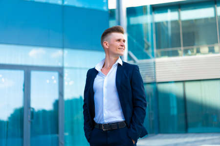 Business. Businessman Standing City Street Office Building Handsome Caucasian Male Business Person...