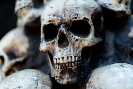 Skull Halloween Background Many People Skulls Stand on top of each other. Mystic creepy concept. Abstract nightmare occult memorial.の写真素材