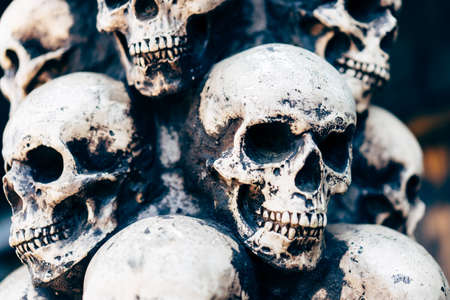 Skull Halloween Background Many People Skulls Stand on top of each other. Mystic creepy concept. Abstract nightmare occult memorial.の写真素材