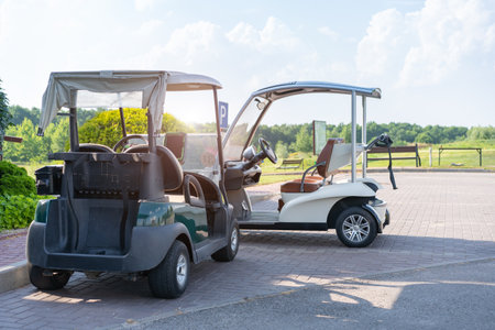 Golf car standing parking golf club Warm summer day Luxury lifestyle conceptの写真素材