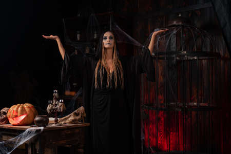 Halloween concept. Witch dressed black hood with dreadlocks standing dark dungeon room rise hand for conjuring magic spell. Female necromancer wizard rise up hands skull, cage, spider webの写真素材
