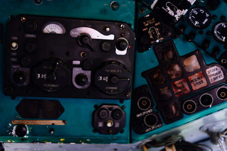 Toggle switches old soviet helicopter mi2 many text on Russian language which translates Light...