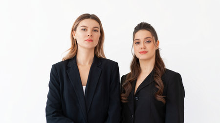 Concept of partnership in business. Two Young businesswoman dressed black formal suit standing studio isolated white background. Caucasian female business person friends together.の写真素材