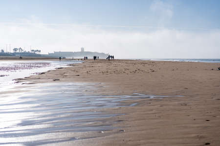 High perspective view of people at Carcavelos beach, near Lisbon, Portugal Early morningの写真素材