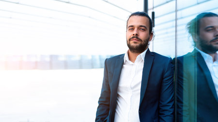 Successful businessman in suit with beard standing near office building confidently looking at camera lean wall. Hispanic male business person portrait. Web banner, Free space. modern business peopleの写真素材