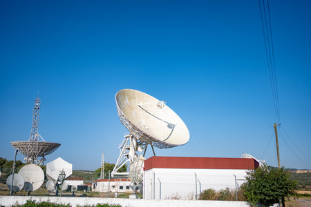 Earth based astronomical radio telescope. Radio telescopes used in science for space observation and distant objects exploring.の写真素材