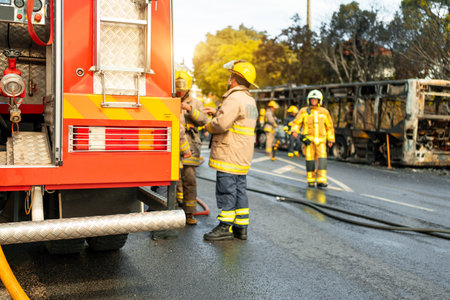 Rescue Team of Firefighters Arrive on the Car Crash fired passenger bus Traffic Accident Scene....