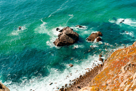 Atlantic ocean view with cliff. View of the Atlantic Coast at Portugal, Cabo da Roca. summer day. Seaside. Coastline. beautiful sceneryの写真素材