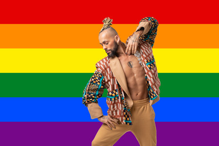 Portrait Trendy black latin gay man in fashionable clothes dancing isolated LGBT rainbow colors background studio portrait People fashion lgbtq concept.の写真素材