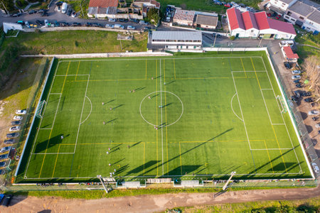 Football field aerial view, public soccer court for training and competition in city.の写真素材
