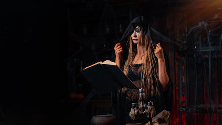 Halloween concept. Witch dressed black hood standing dark dungeon room use flying magic book for conjuring magic spell. Female necromancer wizard gothic interior making curseの写真素材