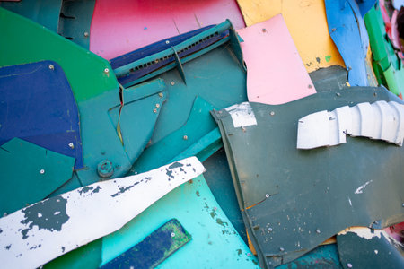 Colorful plastic pieces background. Environment pollution waste concept. Discarded plastic from various sources. Saving planet from pollution. Large pieces of plastic of different colorsの写真素材