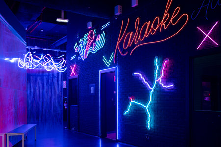 Glowing neon sign with word Karaoke and microphone mounted on brick wall, setting the scene for Karaoke night at illuminated arcade. Entertainment concept.の写真素材