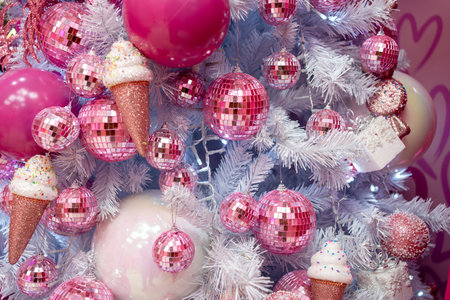 Closeup of Christmas tree decorated with pink shiny balls and icecreams. Christmas holiday concept. Beautiful white Christmas tree.の写真素材