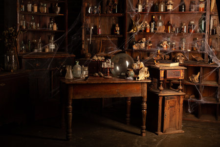 Halloween background Shelves with alchemy tools Skull spiderweb bottle with poison candles Witcher workspace Scarry roomの写真素材