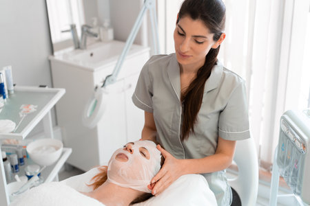 Professional masseuse applying face mask on womans face at cosmetology salon. Relaxed female customer is getting pampered in spa by beautician.の写真素材