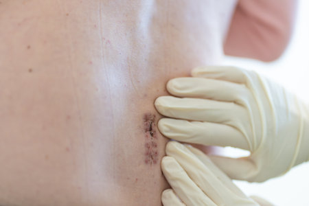 Medical professional in gloves examining healing incision on patient back, assessing wound condition...