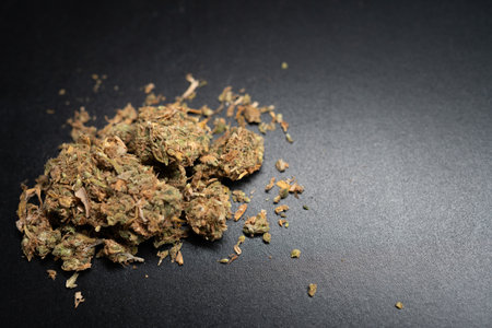 Close-up view showcases a pile of dry Marijuana on a dark background. Cannabis on black background....