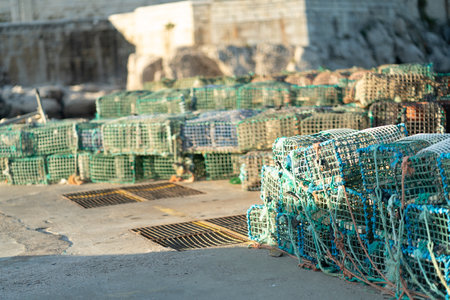 Crab traps are neatly stacked along the dock, prepared for the upcoming fishing season. The traps...