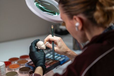 Female artist painting doll face with fine brush at table in workshop. The artist adds detailed makeup, showcasing the delicate process of creating realistic, handcrafted dollの写真素材