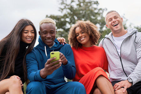 Multi ethnic friends outdoor looking smartphone screen. Diverse group people Afro american asian caucasian spending time together Multiracial male female student sitting bench park outdoorsの写真素材