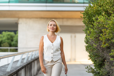 Confident blond businesswoman in vest and pants walking near modern building with professional and successful appearance during daytimeの写真素材