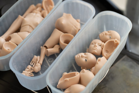 Closeup of silicone doll parts in containers, including various body and face pieces. Parts are awaiting assembly in the doll-making processの写真素材