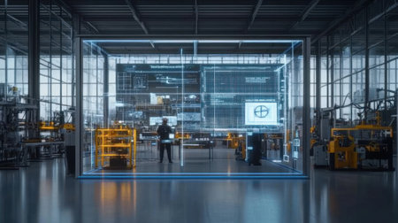 Modern factory with holographic displaysの素材