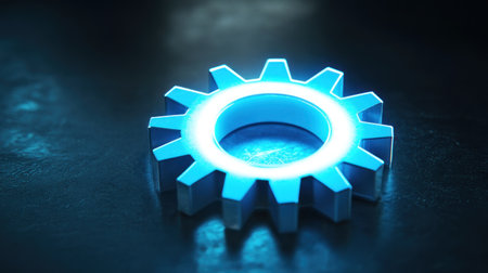 Glowing blue gear on dark surfaceの素材