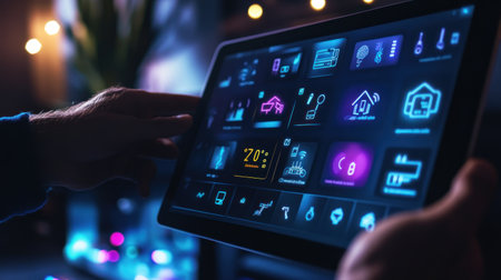 Person using a smart home tablet at nightの素材