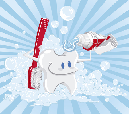 Tooth giving a shower with a toothbrush, and a toothpaste. Foam and lines in the background.のイラスト素材