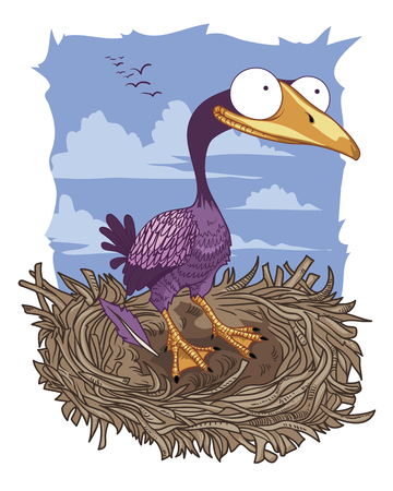 Cormorant in the nest, with a sky, clouds, birds flying background.のイラスト素材