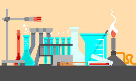 Scientific and laboratory materials and tools in Still Life composition. Flat design concept. Vector set illustration.のイラスト素材