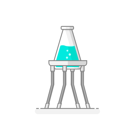 Scientific Tripod with erlenmeyer flask containing chemical liquid - Laboratory materials and glassware icon 9. Flat design concept. Vector illustration.のイラスト素材